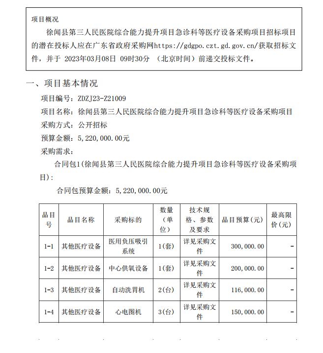 徐聞縣第三人民醫(yī)院綜合能力提升項目急診科等醫(yī)療設(shè)備采購項目 [ZDZJ23-Z21009]招標公告(圖1)